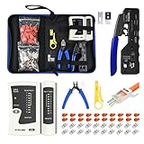 VCELINK Netzwerk Werkzeug Set, RJ45 Crimpzange mit 20 x RJ45 Stecker Cat7/Cat6a Pass Through, Netzwerktester, Abisolierzange, Profi Netzwerkinstallation, RJ45/RJ11/RJ12 Reparaturwerkzeuge, Stofftasche